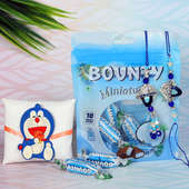 Bounty Rakhi Set - Set of Bhaiya Bhabhi Designer Rakhi with One Doraemon Rakhi and Bounty Miniature Chocolates - 100gm